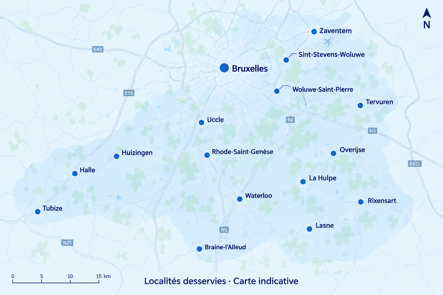 Carte indicative des 16 localités desservies : Bruxelles, Zaventem, Sint-Stevens-Woluwe, Woluwe-Saint-Pierre, Tervuren, Uccle, Rhode-Saint-Genèse, Overijse, Waterloo, Braine-l’Alleud, La Hulpe, Rixensart, Lasne, Tubize, Halle et Huizingen.